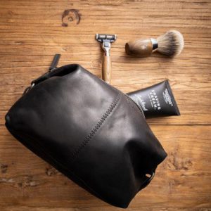 Black Leather Toiletries Bag with Personalised Monogram