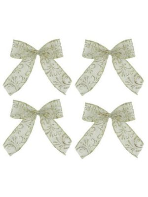 Champagne With Gold Glitter Pattern Sheer Fabric Bows - 6 x 15cm