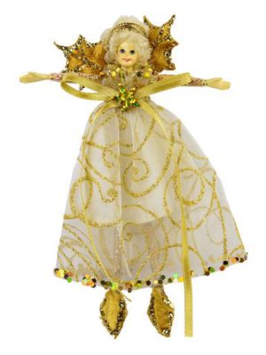 Christmas Fairy Hanging Ornament With Gold Wings & Gold Swirl Print - 15cm