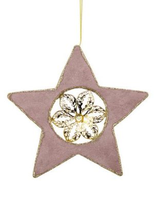 Dusty Pink Velvet Star With Poinsettia Centre Hanging Decoration - 16cm