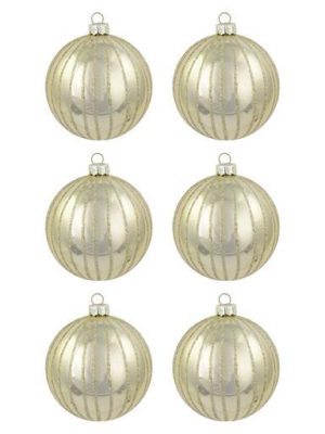 Metallic Ivory Baubles With Ivory Glitter Lines - 6 x 60mm