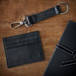 Personalised Black Leather Card Holder & Keyring Set