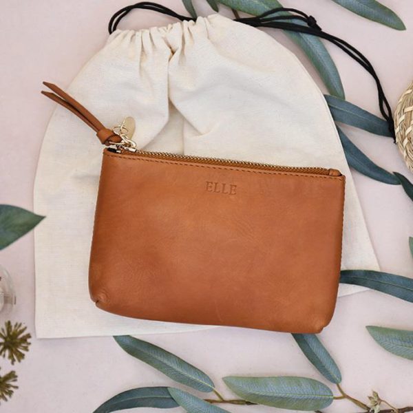 Personalised Tan Leather Cosmetic Pouch